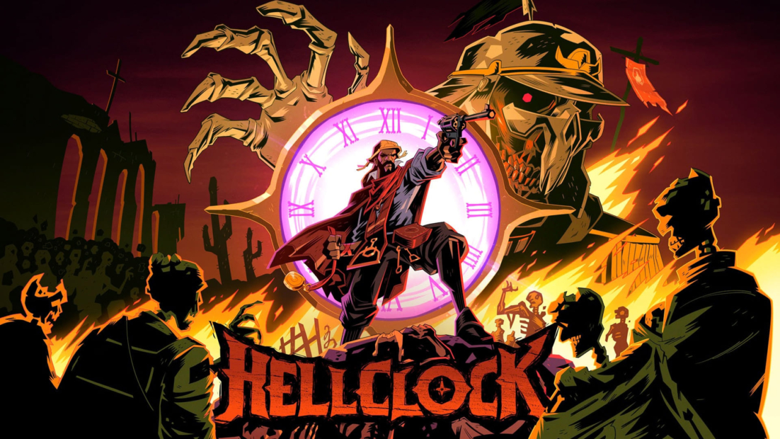 A gunslinger stands in front of a large clock with Roman numerals, surrounded by shadowy figures and a giant skeletal hand in the background.