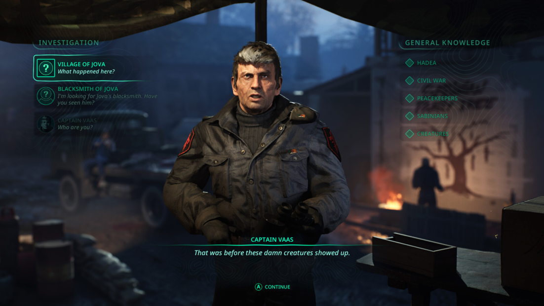 A character named Captain Vias stands in a military-style jacket with a badge. The background shows a village setting with vehicles.