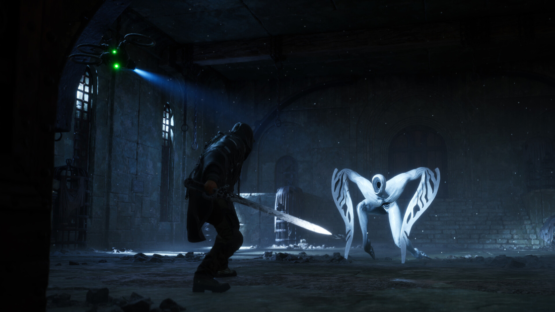 A character from 'Hell is Us' stands in a dimly lit, abandoned room, wielding a sword against a large, white, winged creature with a hollow torso.