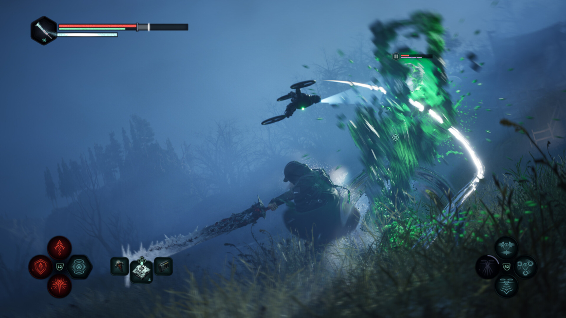 A character wielding a large sword engages a green, ghostly figure in a misty landscape. A drone hovers above, with health indicators visible.