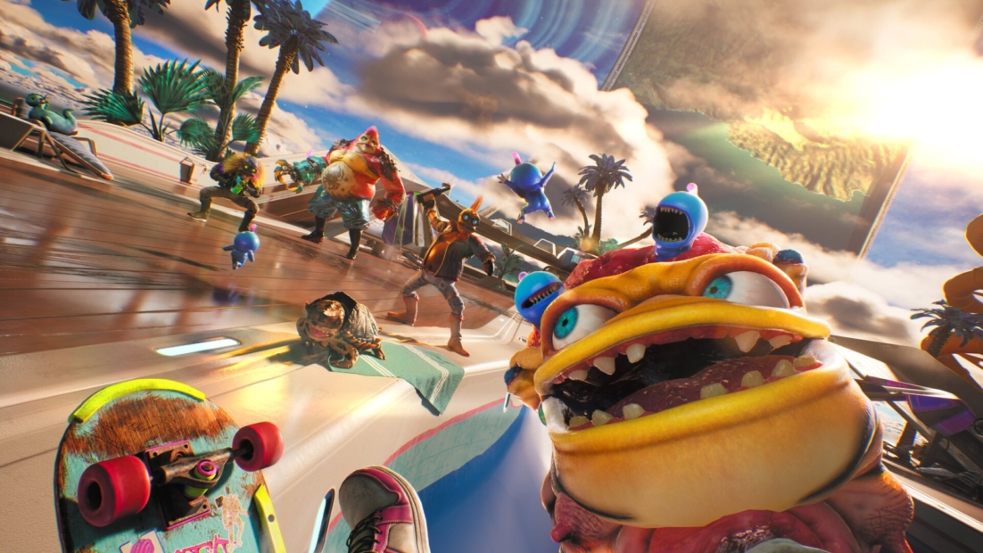 Several imaginative creatures with various shapes and colors on a wooden platform with palm trees and a cloudy sky