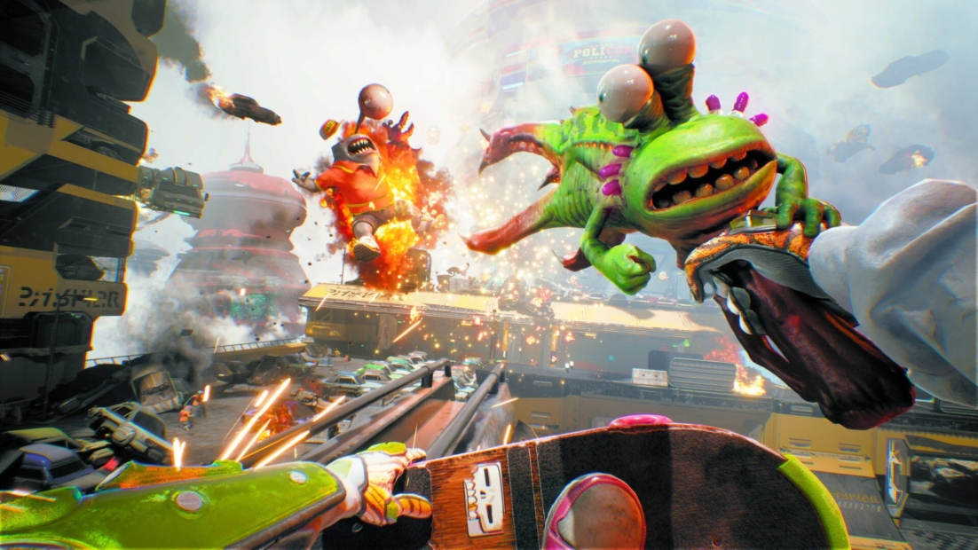 High on Life 2 guns: Two colorful cartoon monsters with large eyes and open mouths in an action scene with explosions and gunfire