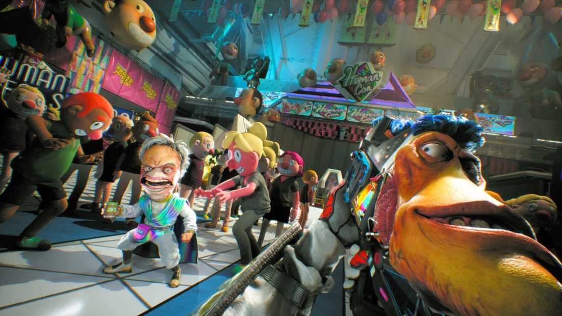 Bird wearing a helmet and gear in the foreground with a group of animated characters in a brightly lit room decorated with colorful signs and decorations.