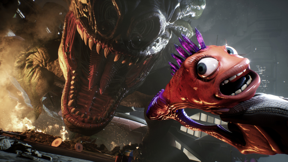 Close-up of a large menacing monster with an open mouth and a colorful cartoonish fish with large eyes and an open mouth