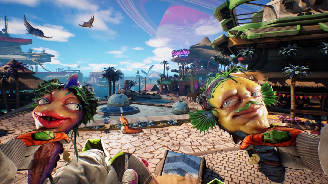 Two humanoid characters with oversized heads and distinctive facial features stand in a futuristic tropical setting with palm trees, buildings, and a sky featuring planetary rings.