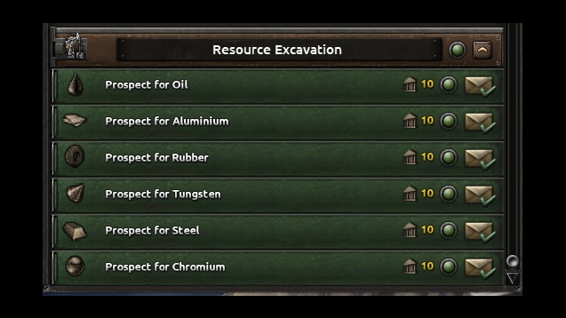 Hearts of Iron 4 game menu showing resource excavation options: oil, aluminium, rubber, tungsten, steel, chromium, each with 10 units.
