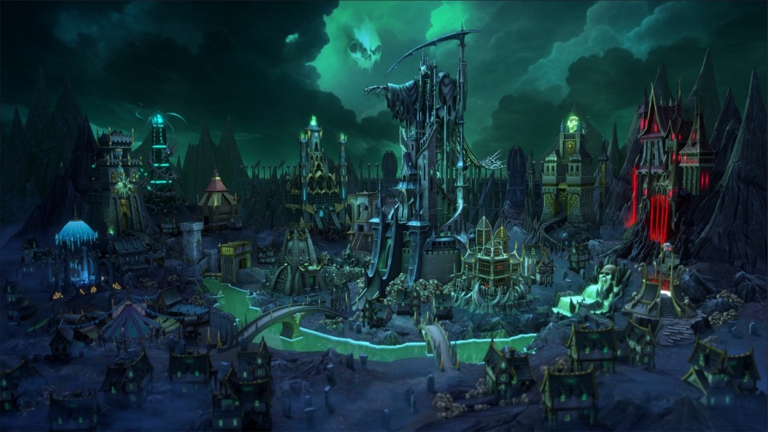 Dark fantasy city with towers, bridges, and a large hooded grim reaper figure above the city
