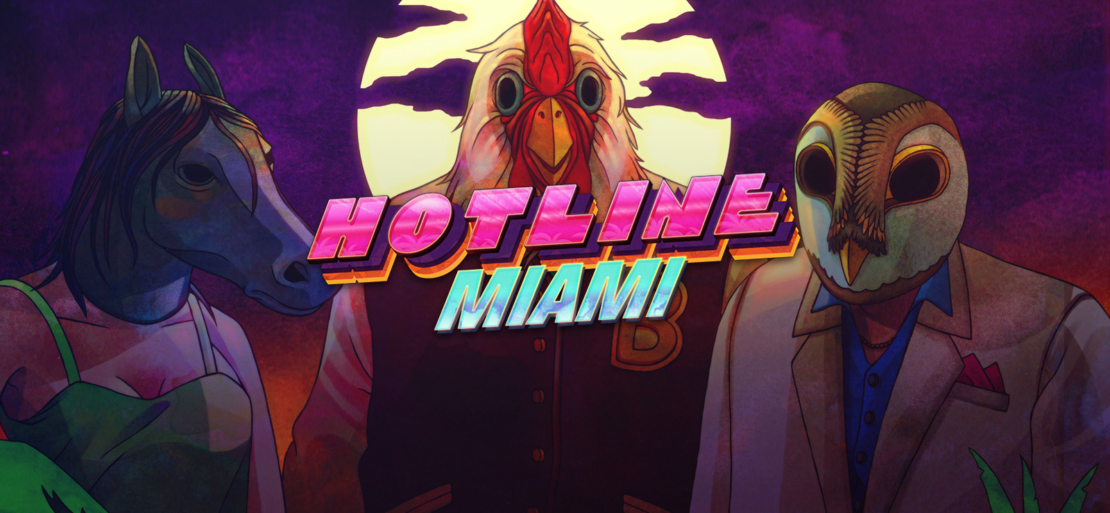 Three people wearing animal masks in front of a large bright moon with the text 'HOTLINE MIAMI' in bright colors in the center