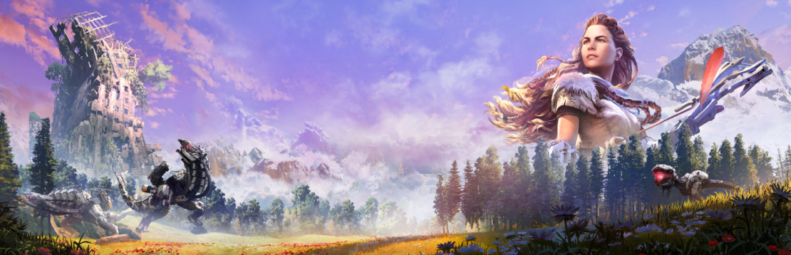 Woman with long hair holding a bow stands in a wide landscape with forest and mountains in the background, left a large ruined mechanical structure and a robot.
