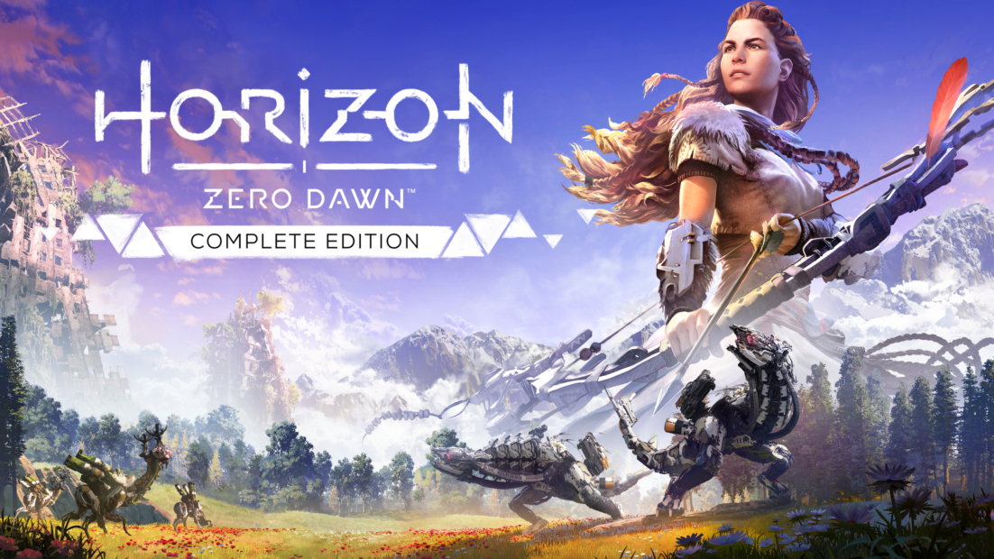 Post-apocalyptic games: Game character holding a bow in a landscape with trees, mountains, and mechanical dinosaurs with the text 'Horizon Zero Dawn Complete Edition' above
