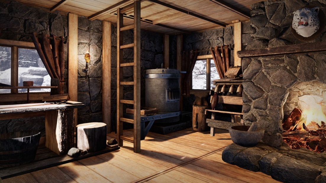In ICARUS bauen: Rustikales Blockhaus mit Holzofen, Kaminfeuer, Leiter und Fenster mit Blick auf verschneite Landschaft