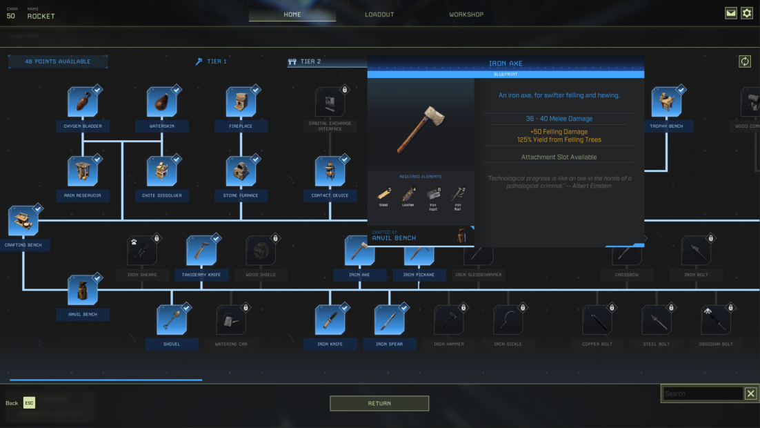 Benutzeroberfläche eines Technologiebaums in einem Videospiel mit hervorgehobenem Eisenbeil und seinen Attributen