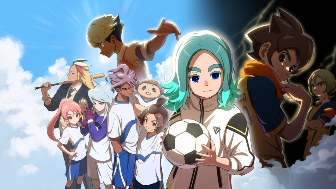 Group of anime characters in sportswear, one holding a soccer ball, background with light and dark areas showing additional characters