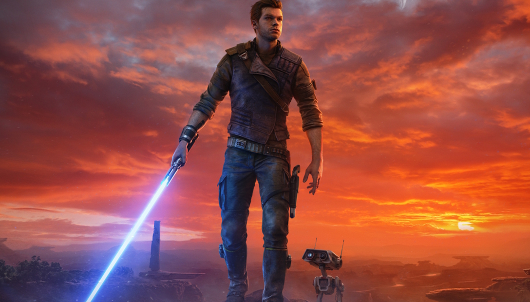 Man holding a lightsaber with a small robot beside him against a dramatic sunset with clouds