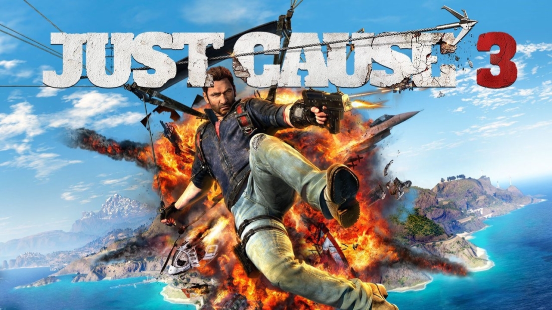 Action-Szene aus Just Cause 3, in der ein Typ mit einer Waffe in der Luft hängt, Explosionen rumgehen und im Hintergrund ein Hubschrauber fliegt.