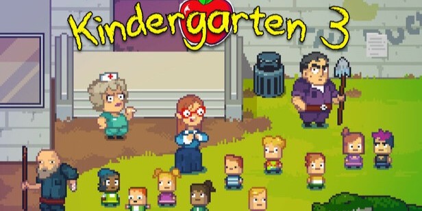 Pixelgrafik aus „Kindergarten 3“ mit verschiedenen Figuren, darunter eine Krankenschwester, jemand mit einer Schaufel und Kinder auf einem Schulhof.