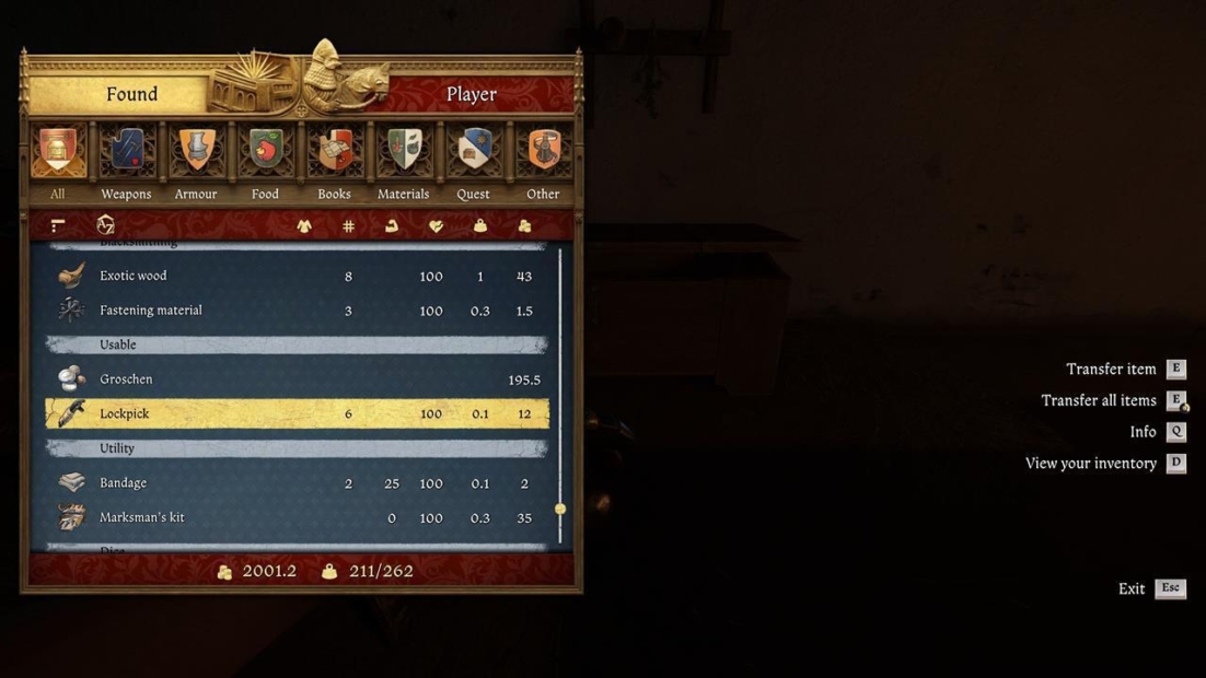 Inventarbild aus Kingdom Come Deliverance 2 zeigt sechs Dietriche mit Haltbarkeit 100 und Gewicht 0,1 im Bereich 'Nutzbar'.
