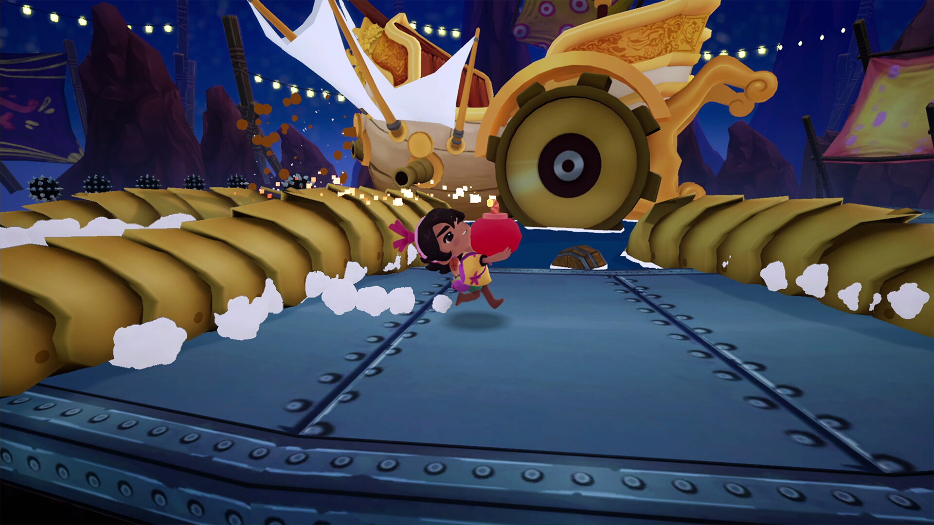Koa, ein Mädchen mit einem roten Hut, steht im Spiel „Koa and the Five Pirates of Mara“ auf dem Deck eines Metallschiffs und schaut auf ein großes goldenes Piratenschiff mit einem weißen Segel.