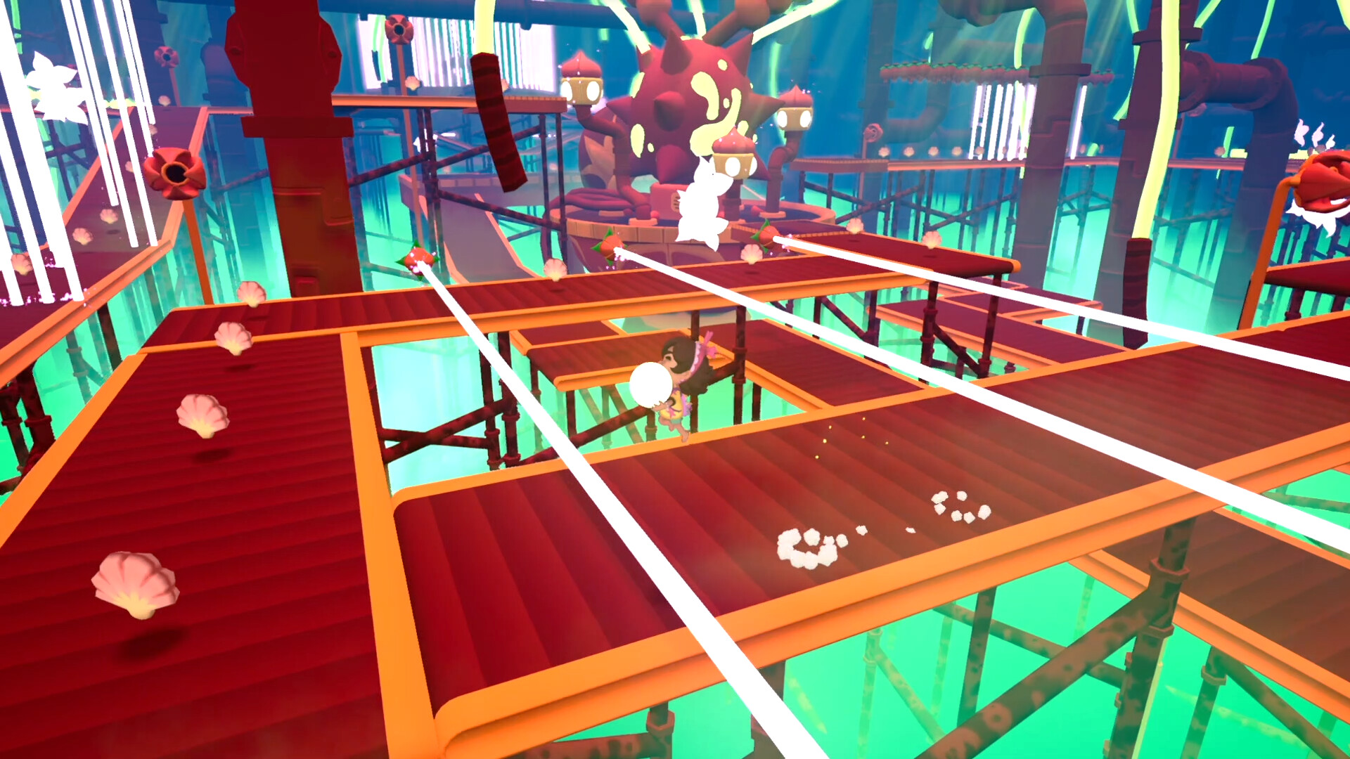 Gameplay-Szene aus „Koa and the Five Pirates of Mara“, in der ein Charakter über Holzplattformen auf dem Wasser navigiert, die von leuchtend weißen Linien und verstreuten Muscheln gesäumt sind.