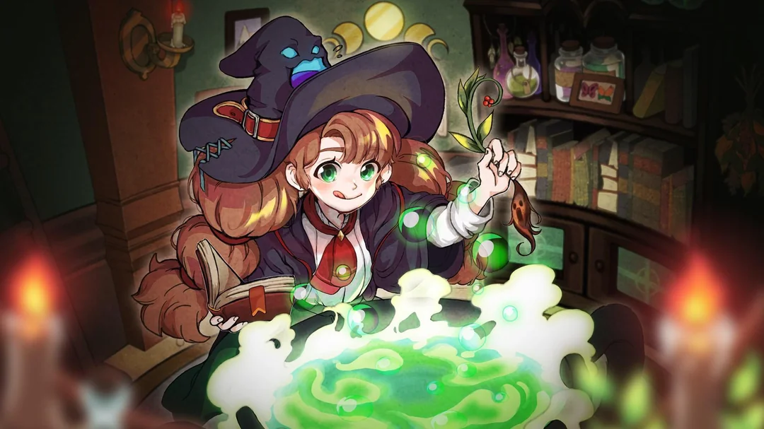 A young witch with long, wavy hair wears a large black hat and a white collar. She stirs a bubbling green cauldron with glowing green orbs around it.