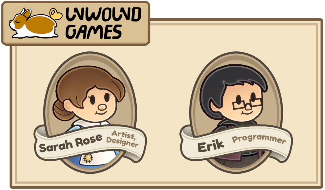 Interview mit Unwound Games: Logo von Unwound Games mit einem stilisierten Corgi. Darunter zwei Porträts: Sarah Rose, Artist und Designer, und Erik, Programmierer, mit ihren Namen und Titeln.