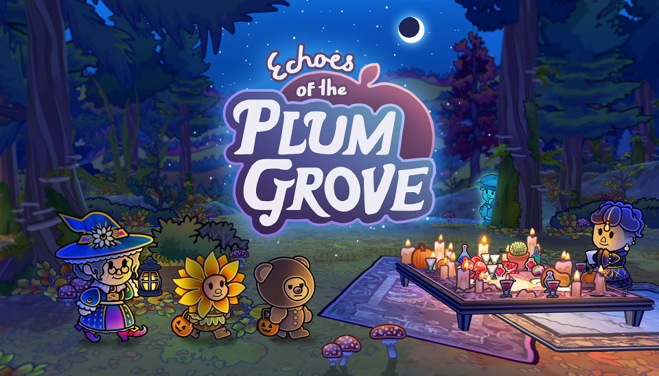 Das Logo 'Echoes of the Plum Grove' in einer bunten, cartoonhaften Schriftart, umgeben von einer Waldlandschaft mit Charakteren in Kostümen und einer festlichen Szenerie.