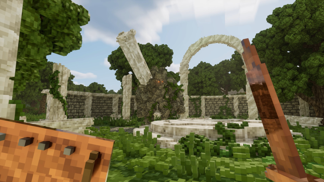 Lay of the Land Tipps: Blick auf eine von Bäumen umgebene Ruine mit zerfallenen Säulen und einem runden Steinaltar in einer blockartigen Grafik.