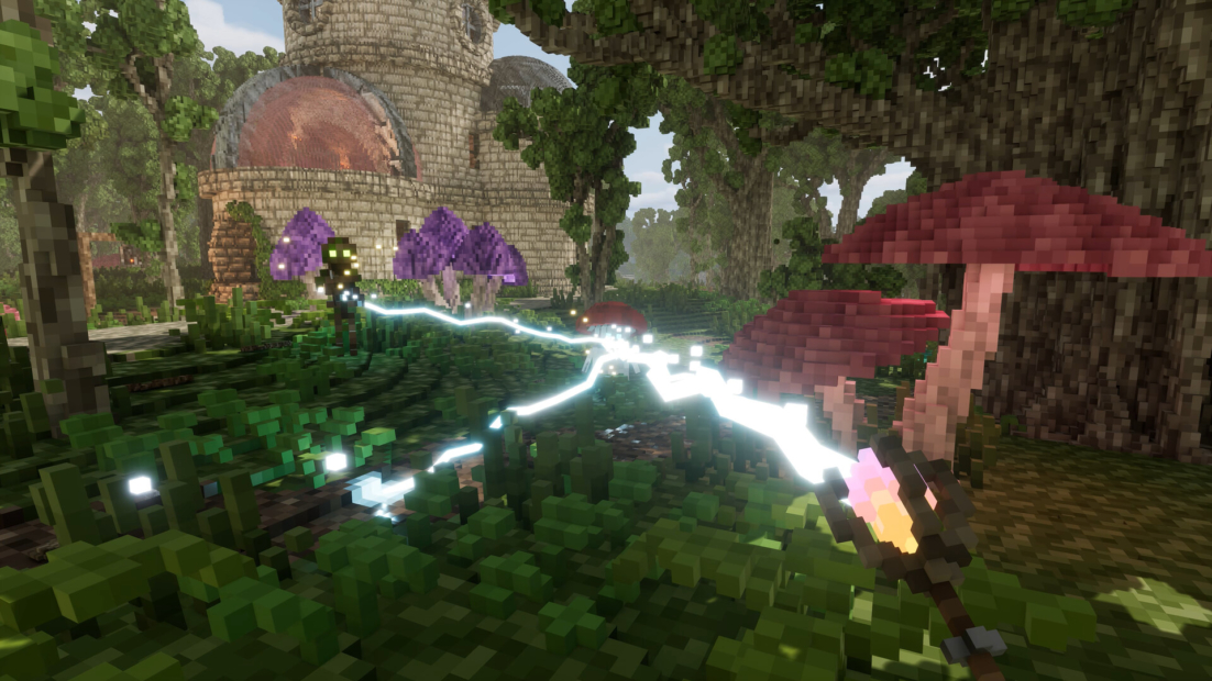 In einer Minecraft-ähnlichen Umgebung mit Bäumen und Pilzen wird von einer Figur ein magischer Blitzstrahl auf eine andere Figur abgefeuert.
