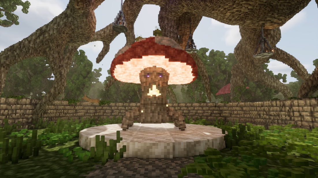 Große, pilzförmige Figur mit leuchtendem Gesicht steht auf einer runden Steinplattform in einem bewaldeten Bereich mit Baumstrukturen im Hintergrund.