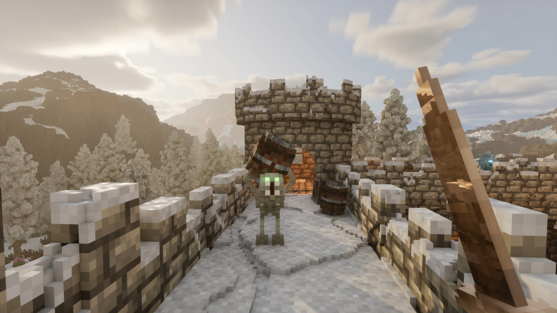 Game-Figur mit Laterne auf einer steinernen Burgmauer mit Berglandschaft im Hintergrund