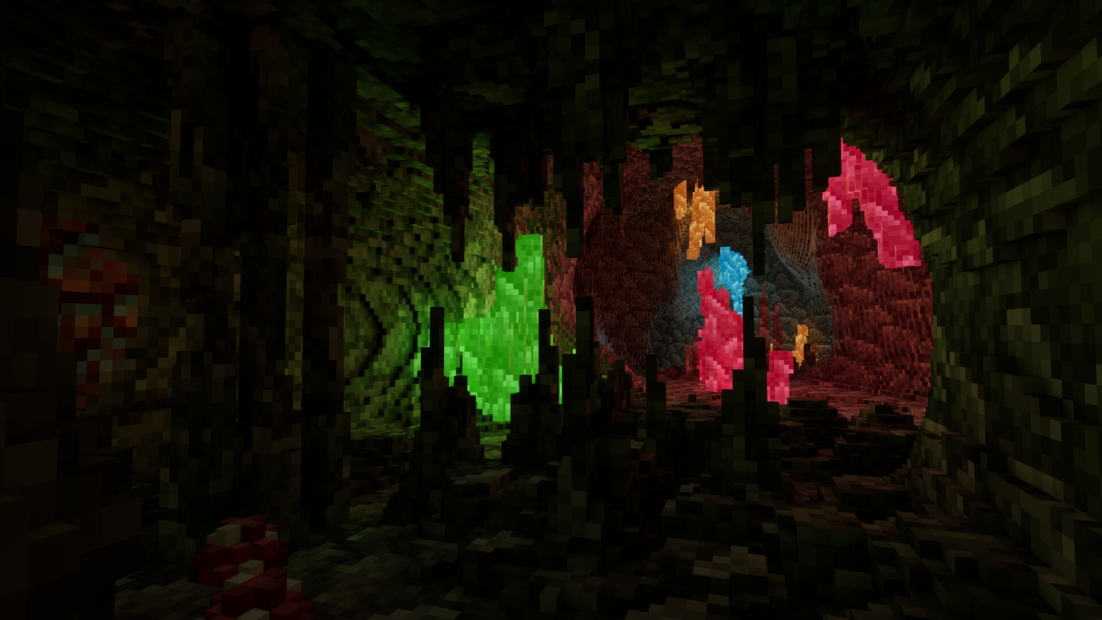 Blick in eine dunkle, von Pilzen und leuchtenden Kristallen durchsetzte Höhle