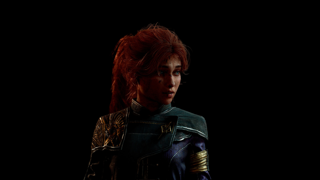 Maelle build: Eine Person mit roten Haaren trägt eine dunkelblaue Jacke mit goldenen Akzenten und einem Schulterstück. Der Hintergrund ist schwarz.