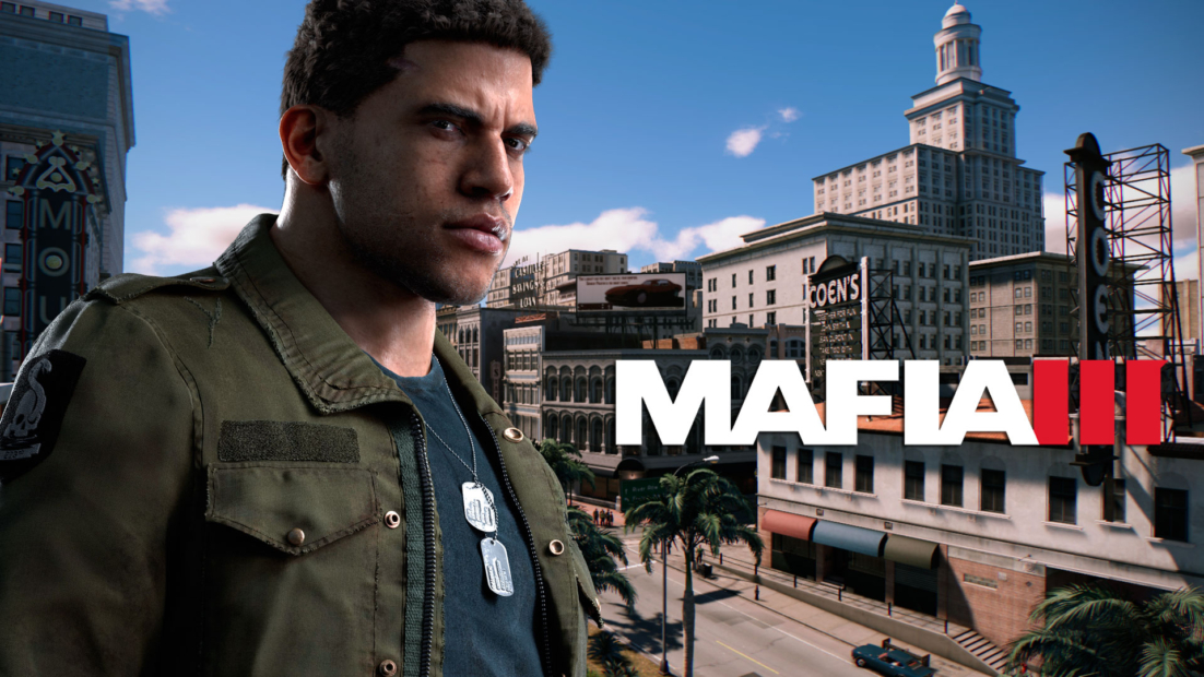 Man wearing a green jacket and dog tags standing in front of a city street with palm trees and buildings, with 'MAFIA III' text overlay