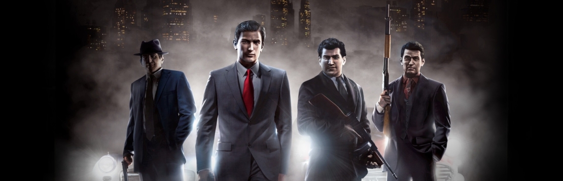 Four men in 1940s-style suits standing in front of vintage cars with a city skyline in the background, from the game Mafia II