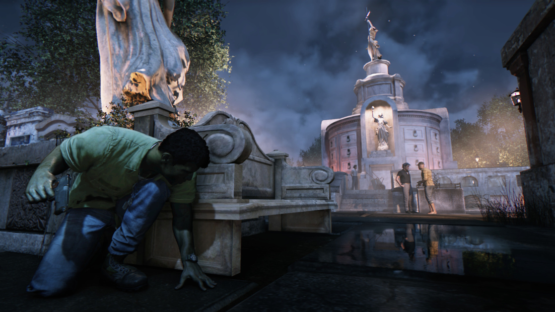 Character crouching behind a tombstone in a nighttime cemetery scene from the game Mafia III