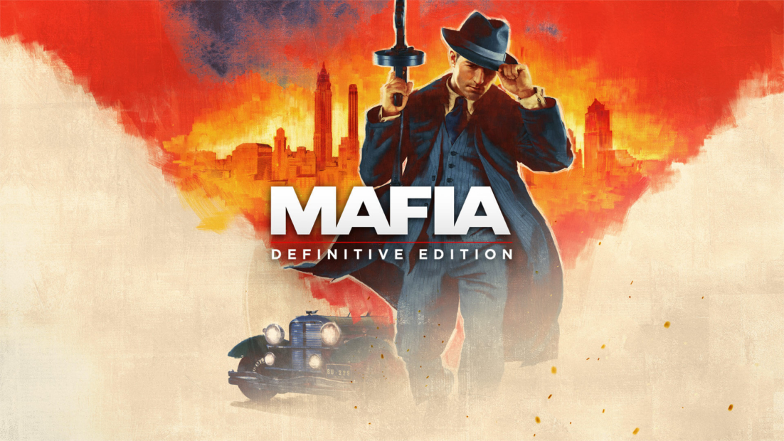 Man in 1930s gangster attire holding a Tommy gun with a vintage car and city skyline in the background, titled 'Mafia Definitive Edition'