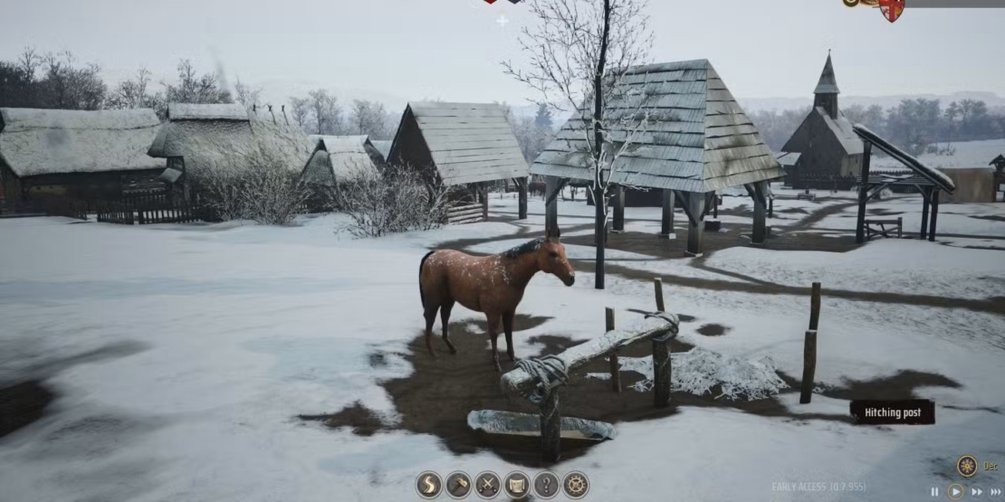 Brown horse stands at a wooden hitching post in a snowy medieval village with timber-framed houses and a church in the background.