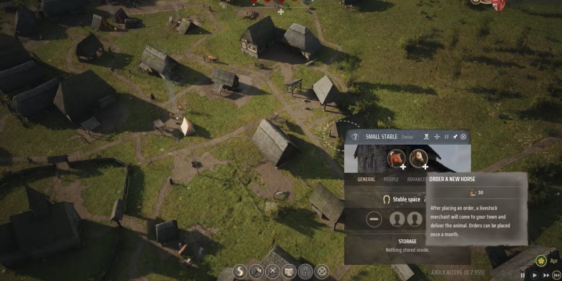 Manor Lords Horses and Oxen Guide: Bird's-eye view of a medieval village with multiple small buildings and a menu window displaying information about a small stable and horses.