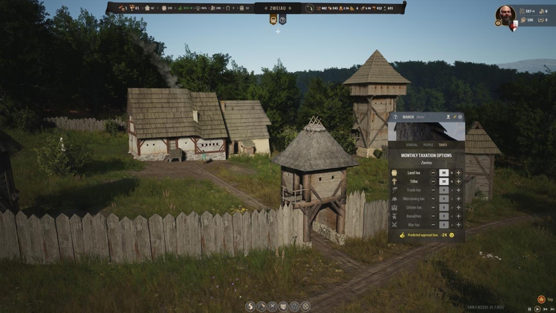 Manor Lords Money: Medieval wooden fortified settlement with multiple buildings, watchtower, palisade fence, and an overlay showing tax options.