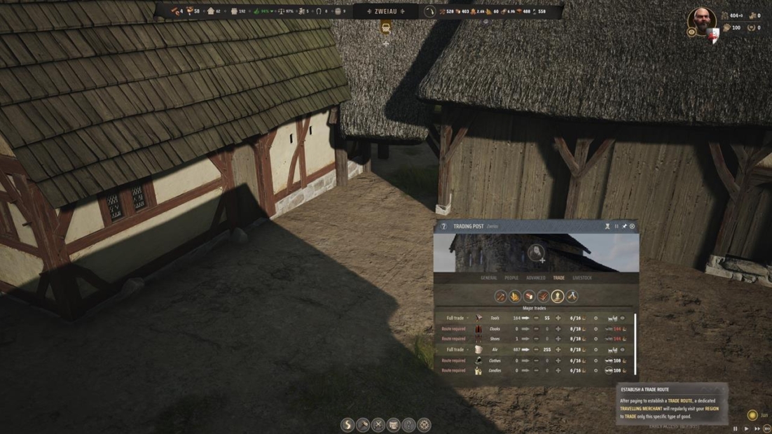 Village square with timber-framed houses and thatched roof, showing a window with trading data and icons.