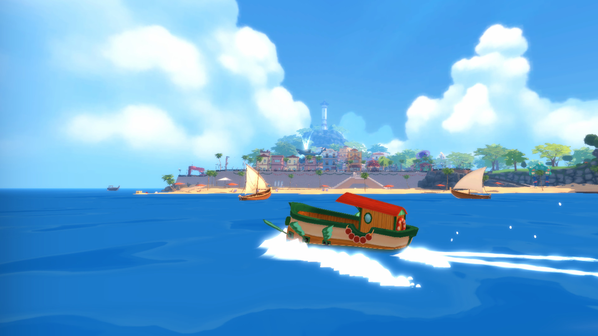 Ein kleines buntes Boot segelt auf dem Meer, im Hintergrund sieht man ein Küstendorf und einen Berg im Spiel „Summer in Mara“.