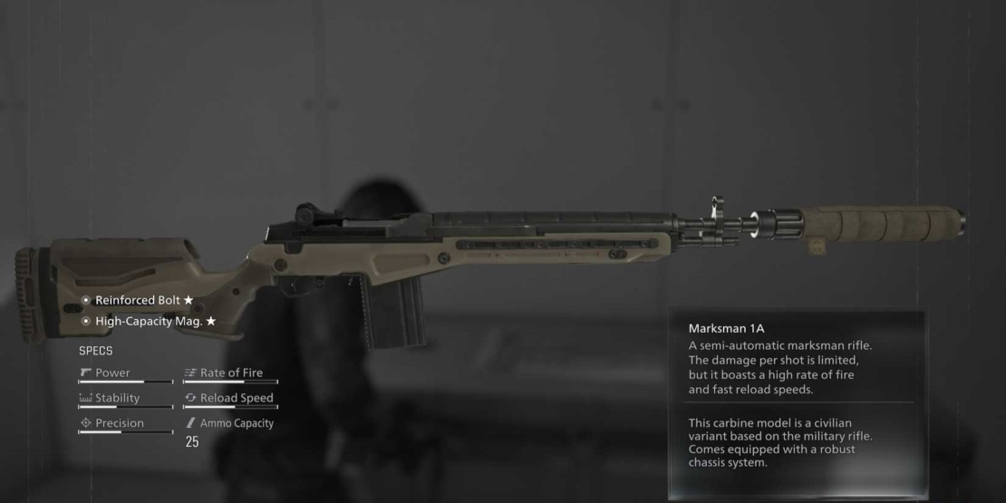 Semi-automatic marksman rifle with robust stock, suppressor, and magazine against a blurred background with a shadowy figure.
