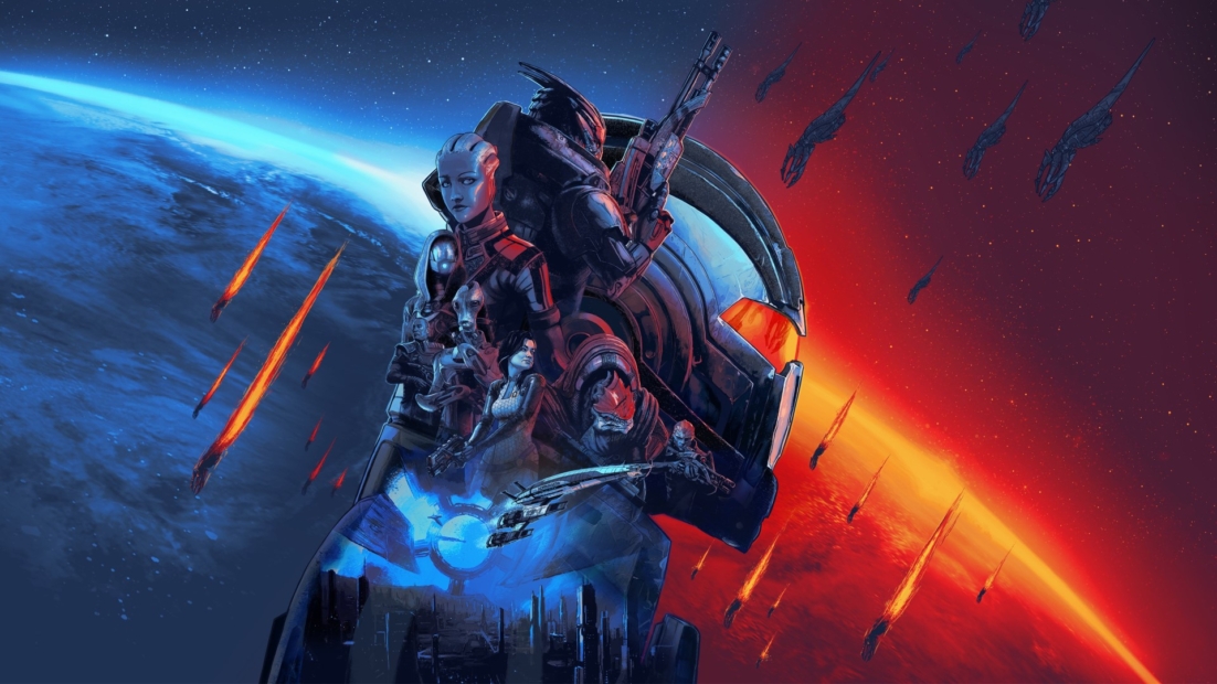Several futuristic characters and spaceships in front of a planet with a bright light source on the horizon