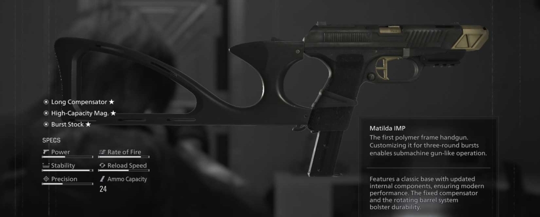 Technical illustration of a Matilda IMP handgun with labels for features and specifications beside the weapon