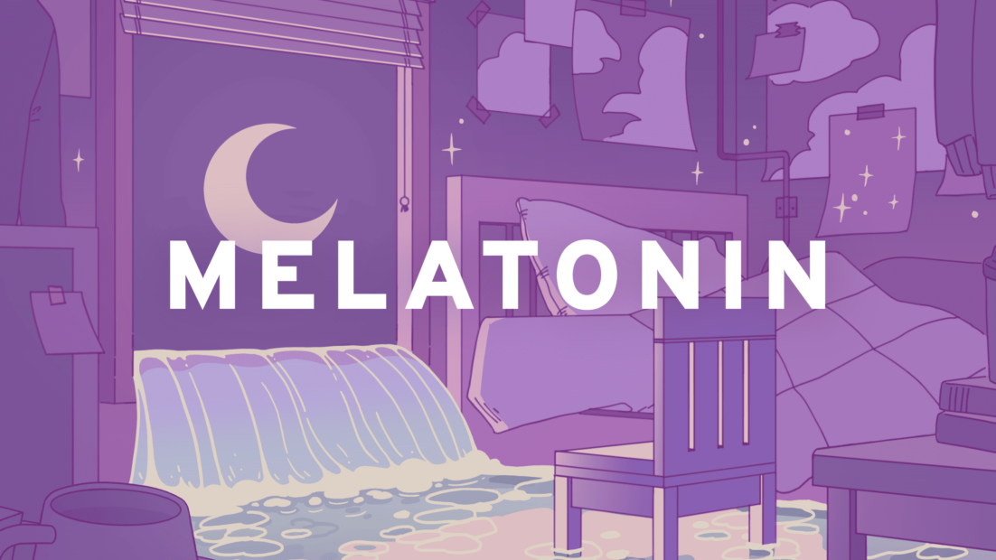 Illustration of a bedroom at night with a crescent moon outside the window and the word 'MELATONIN' in bold white letters across the scene