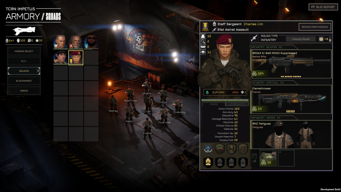 Video game interface showing a squad of soldiers in formation, a character profile with equipment and stats, and a background with a flag and a lamp.