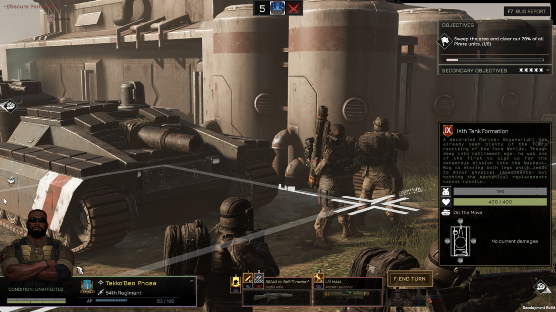 MENACE Weapons: Three soldiers stand in front of an armored vehicle in a military video game environment with visible game menus and mission objectives.