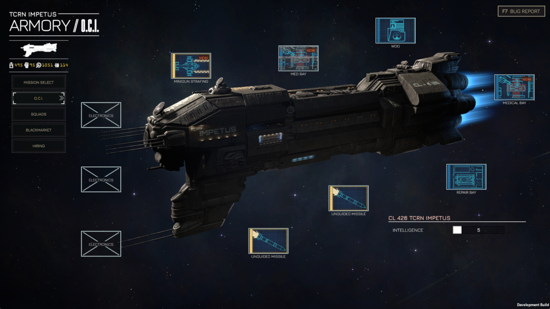 3D-Darstellung eines futuristischen Raumschiffs mit mehreren hervorgehobenen technischen Details und Beschriftungen.