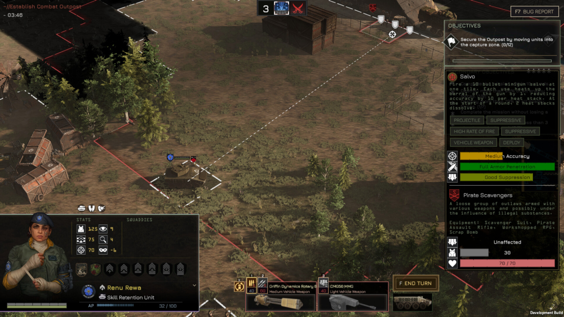 Video game screenshot showing a tactical map with a camouflaged character, status indicators, and mission objectives on terrain with buildings and trees.