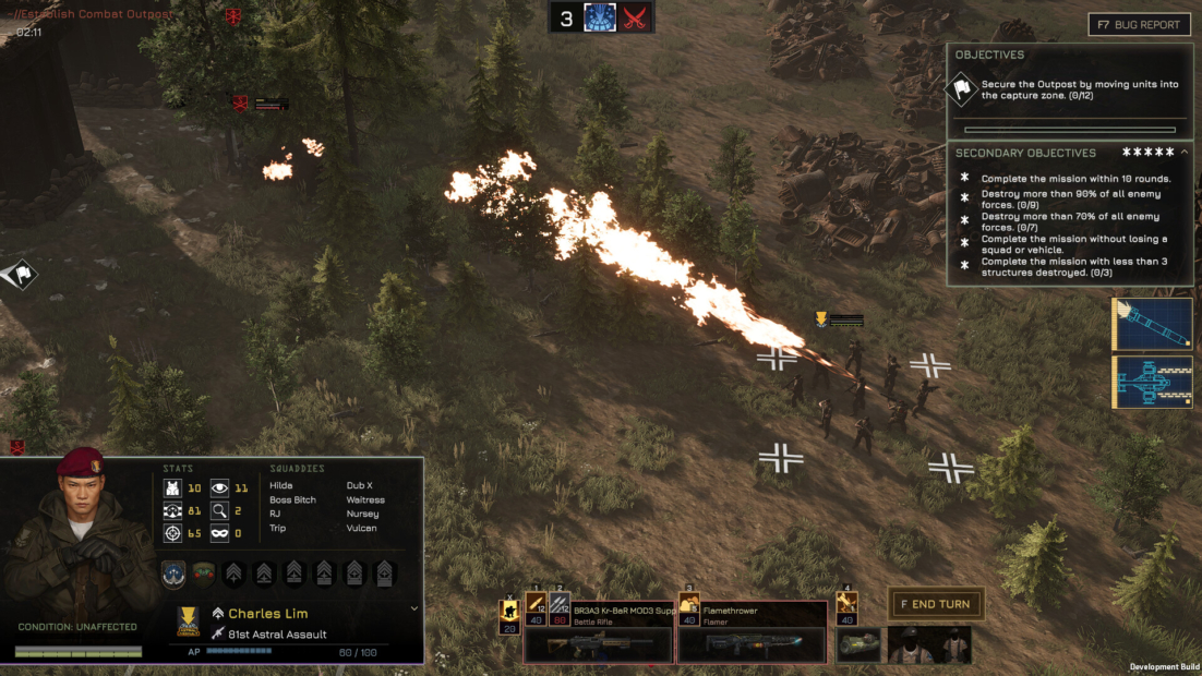 Video game screenshot showing a forest landscape with flames running in a line, multiple units marked with crosshairs, and a mission objective window with text and icons in the top right corner.